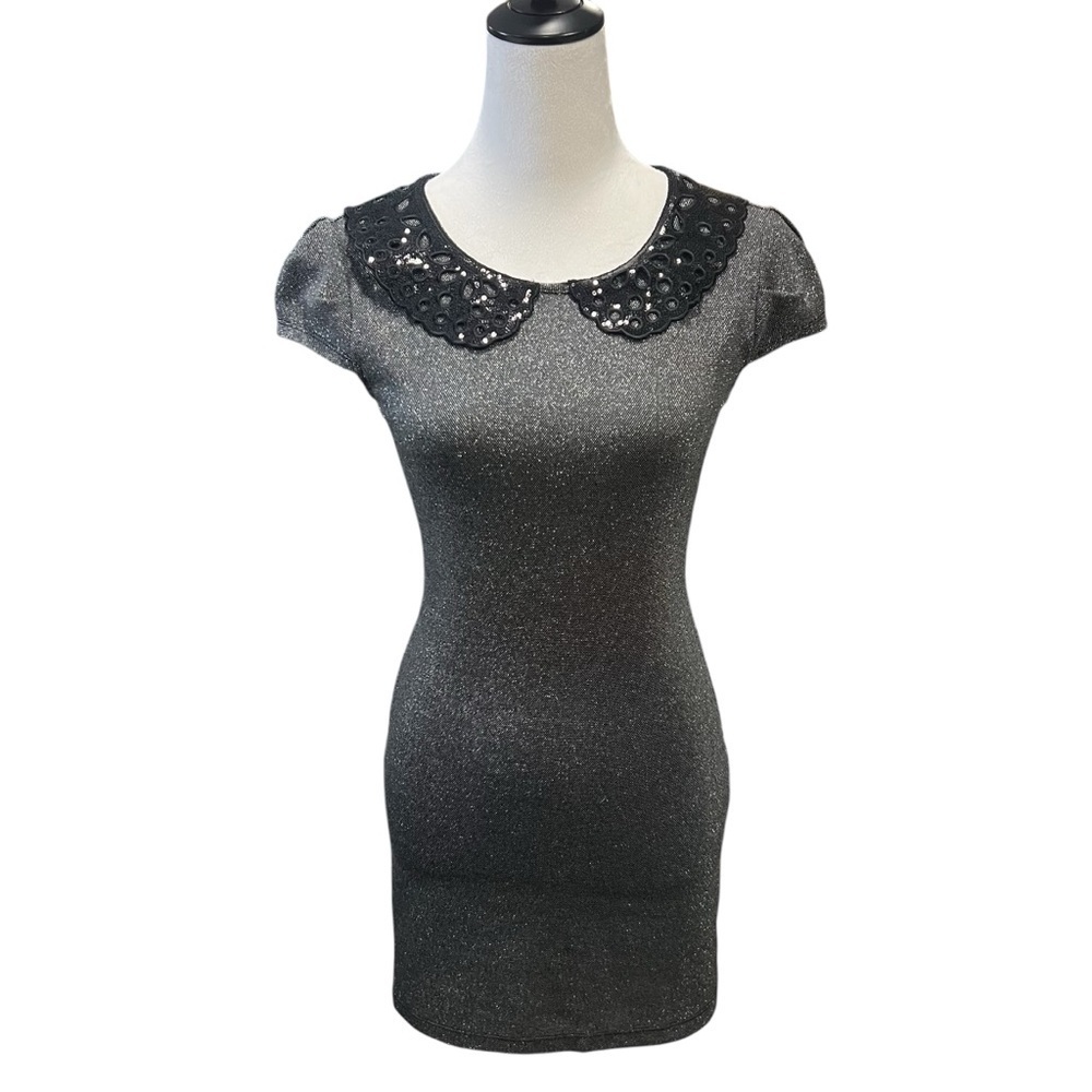 Bebop Silver/Grey Sparkle Mini Dress With Black Sequin Peter Pan Collar (S)